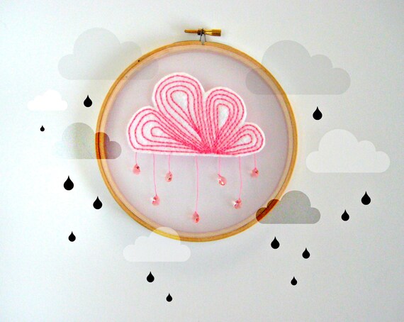PINK CLOUD LIGHTCATCHER - Embroidery hoop art.  A rain cloud needlecrafted onto organza for a pretty shadow effect - TheMonstersLounge