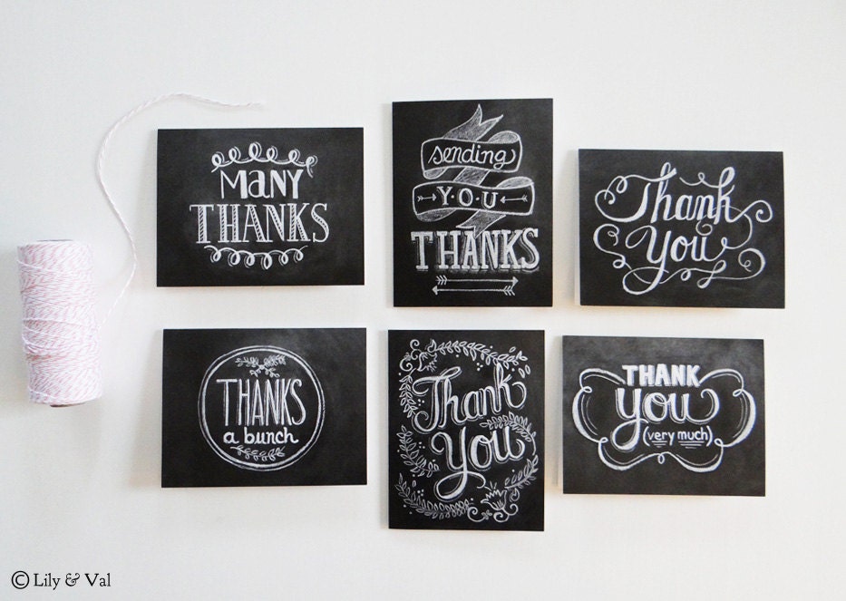 Set of 6 Hand Lettered Thank You Cards - Chalkboard Thank You Cards - Wedding Thank You Cards- Hand Lettered Card Set