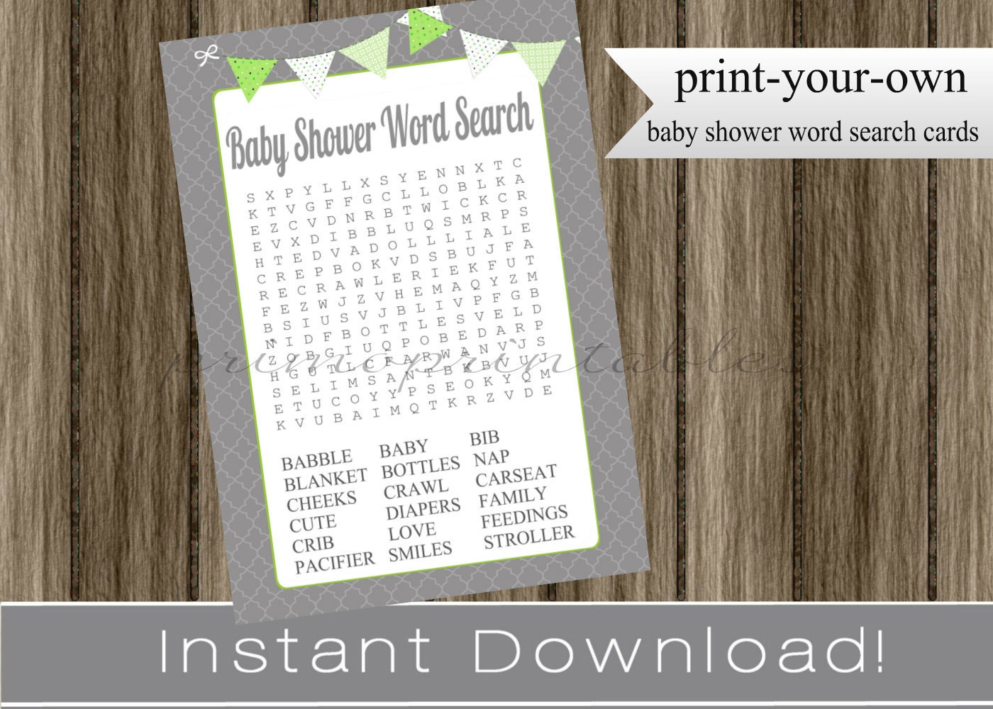 Baby Shower Word Search game cards boy gray and lime green INSTANT DOWNLOAD diy printable digital file print your own