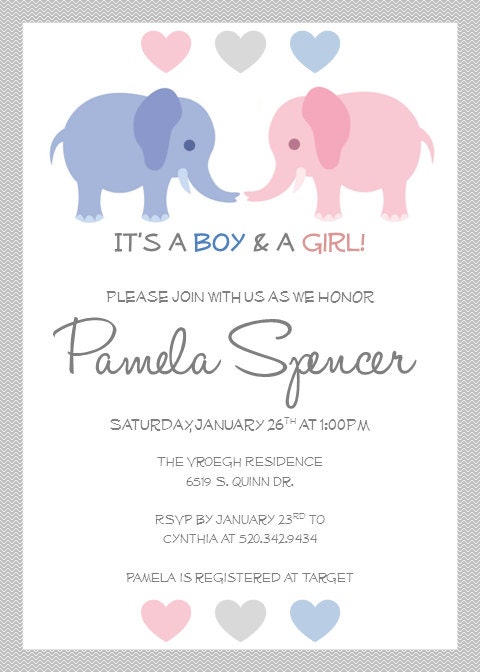 Printable Twin Baby Shower Invitations, Twin Elephants