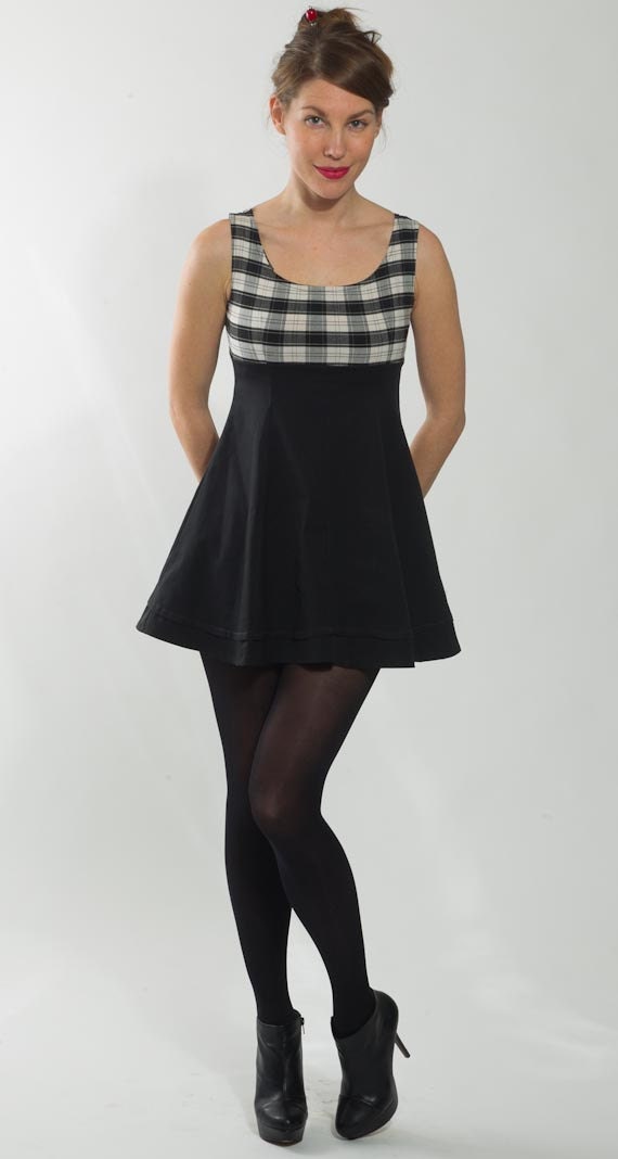 1990's Plaid Dress - Vintage 1970's Black White Fitted Checkered Empire Waist Disco Pin Up Circle Sleeveless Gogo Summer Mini Gown Size: S - mijumaju