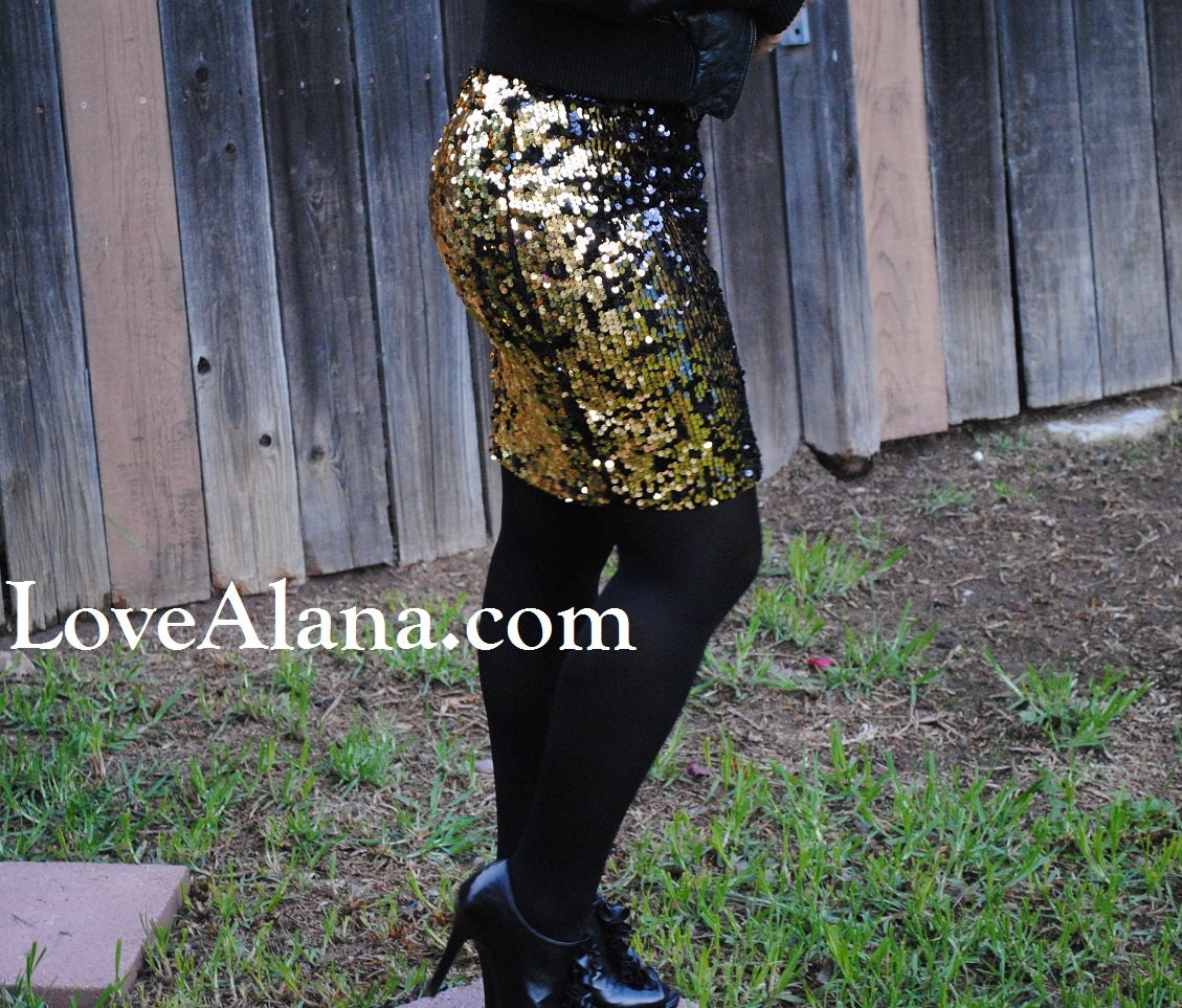 M/L Gold and Black Sequin Skirt - Sexy Stretchy Sequin Party Cocktail Skirt, New years , mini, custom and plus by LOVEALANA.COM