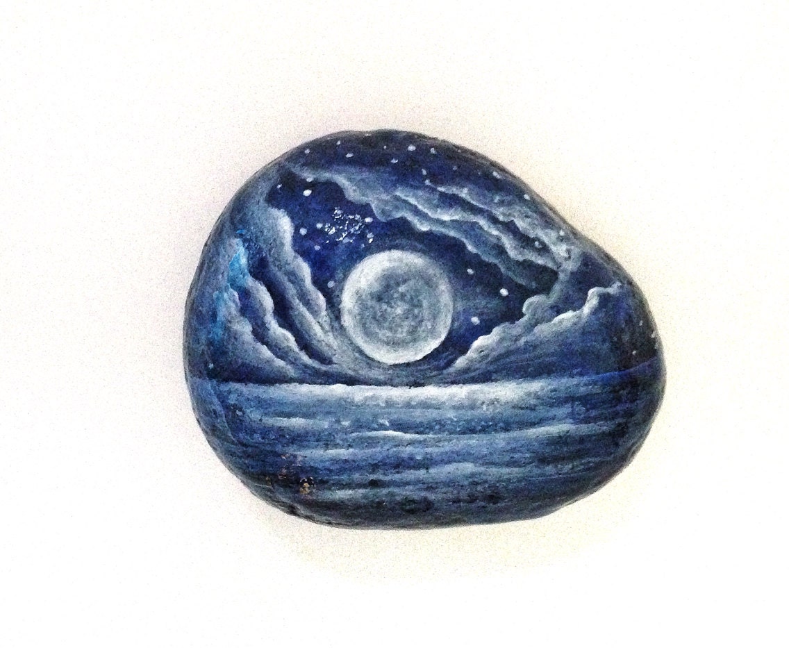 Moon rock painted paperweight stone - painted rock - moon and stars magic moon office decor - DreamRelic