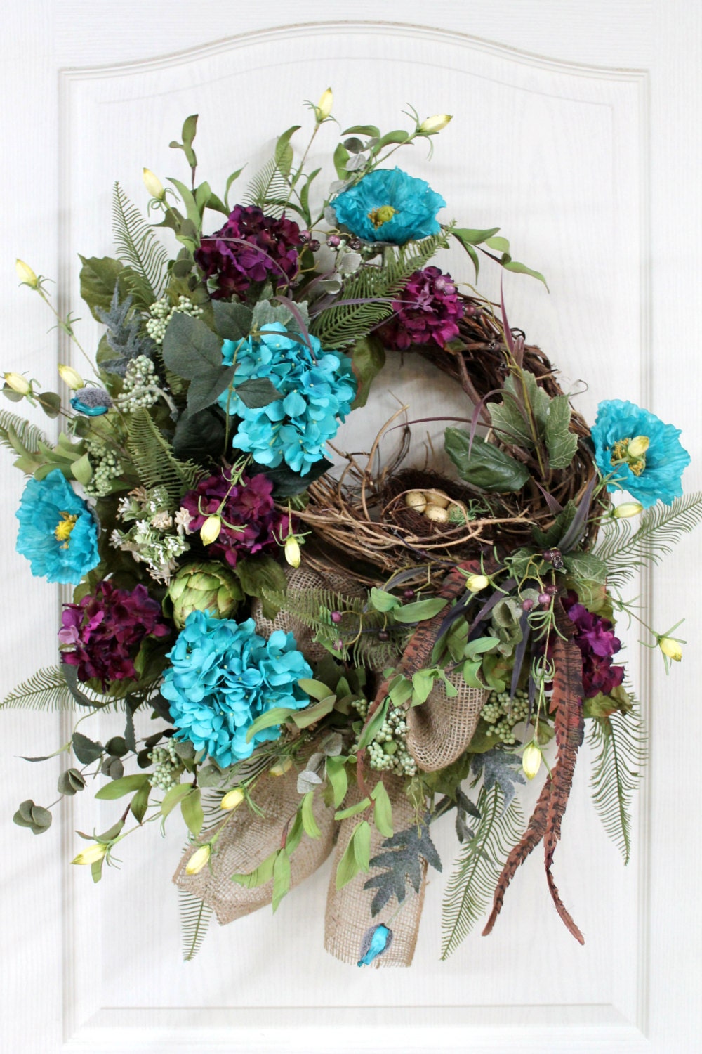 Items similar to Front Door Wreath, Spring Wreath, Bird Nest, Burlap Wreath, Summer Wreath, Plum