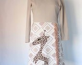 giraffe dress - geometric vintage tan and cream dress with yarn fringe - upcycled applique vintage clothing - women's small / medium
