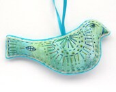 Bird Decoration / Ornament - Green and Blue Handstitched and Painted Bird