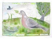 Original Unframed Acrylic Painting/ Collage - Pigeons Buliding a Nest