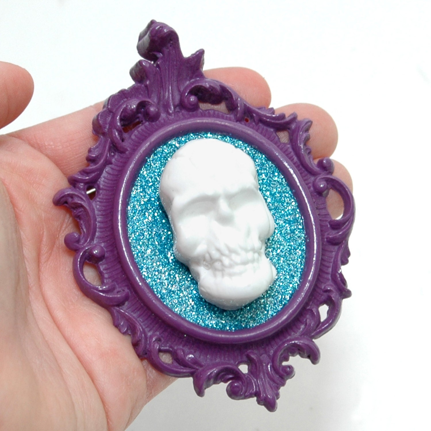 Ornate Hand Cast Resin Mini Wall Art Plaque Frame - White Skull Blue Glitter Purple Frame - Wall Decor Kitsch Goth