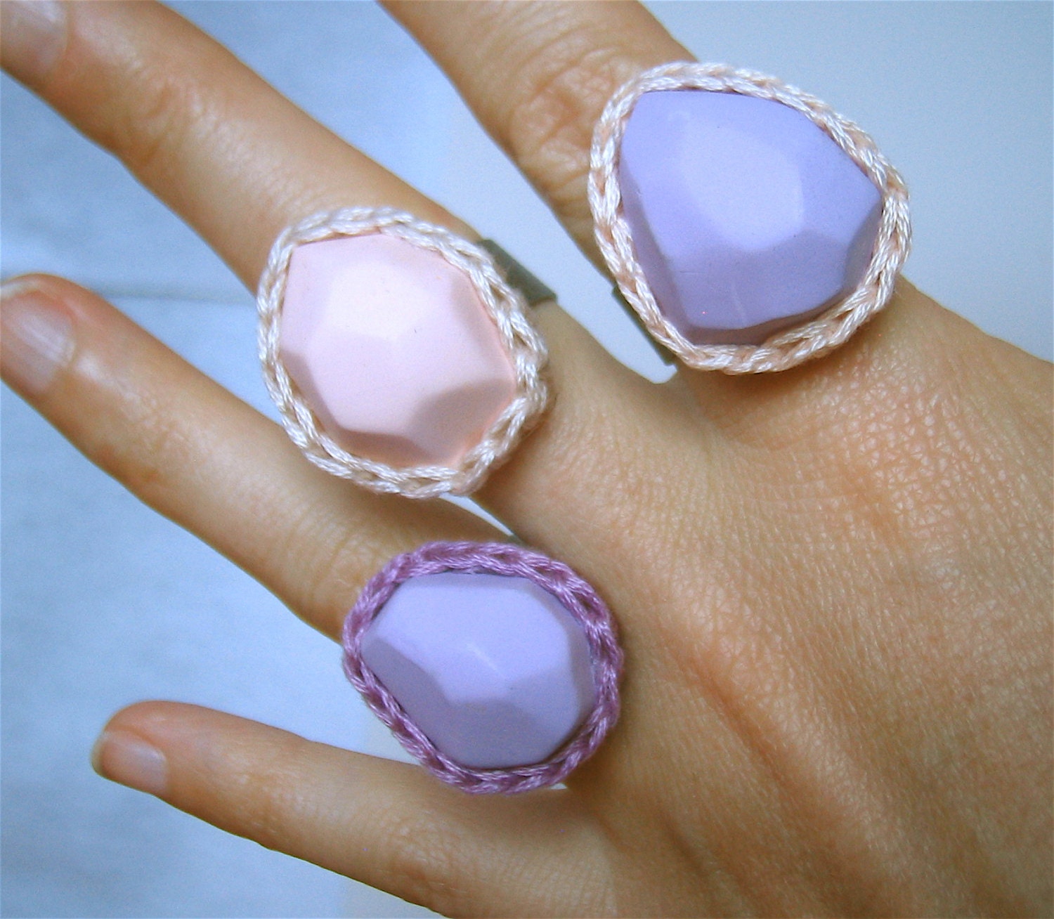 Easter Egg Pink Pastel Geometric Ring with Crochet Bezel by Even Howard. Adjustable wide band easily fits 7-10. Chunky Cocktail ring.