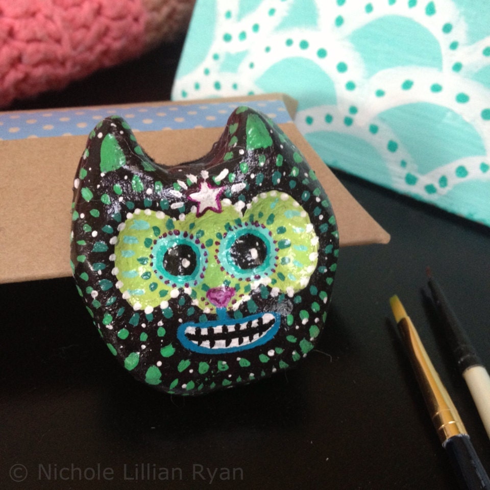 Cat Brooch / Clay Brooch / Pin - OOAK Handmade Animal Gift - Hand cast and Hand Painted Happy grinning Black Star Space