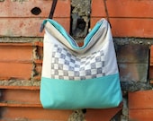 Aqua/natural mosaic -  interlaced shoulder/messenger bag with leather strap - Mosaic Collection