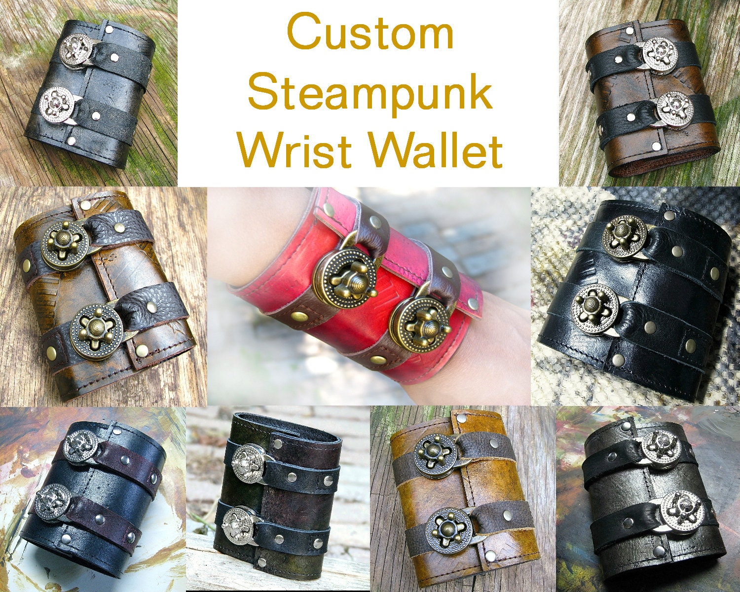 Leather Steampunk Credit Card Wristband Wallet Cuff for Women and Men - Made To Order