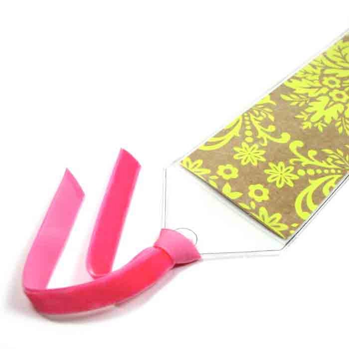 Bookmark - fluorescent yellow damask - neon and tan book mark, vinyl and paper, pink velvet ribbon