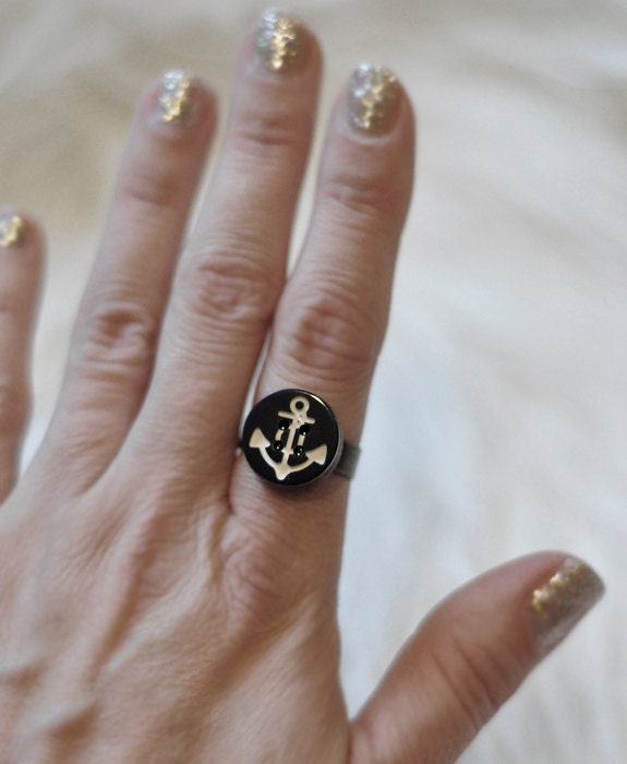 Navy and White Anchor Button Ring