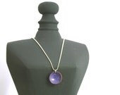 Enameled lucky penny pendant necklace on basemetal chain, Grape.