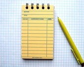 Yellow Library Card Notebook -- Checkout Card, Librarian Gift, Upcycled Journal, Pocket, Spiral