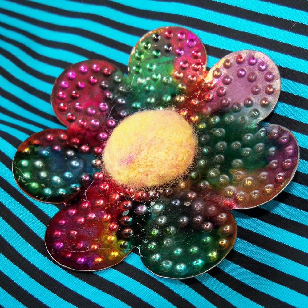 One of a Kind Mixed Media Metal and Wool Brooch