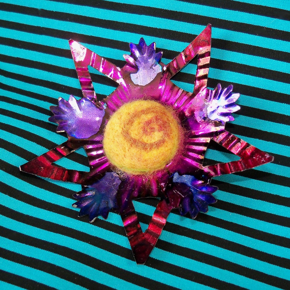 One of a Kind Mixed Media Metal and Wool Brooch