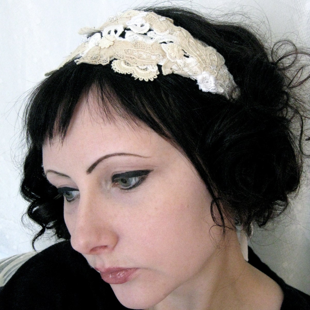 antique lace tiara - wedding crown - statement headpiece - cream - white - ivory - gatsby wedding - art noveau bride