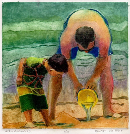 Original Framed Collagraph Beach Sand Castles Man Boy Civil Engineers Printmaking DelPesco