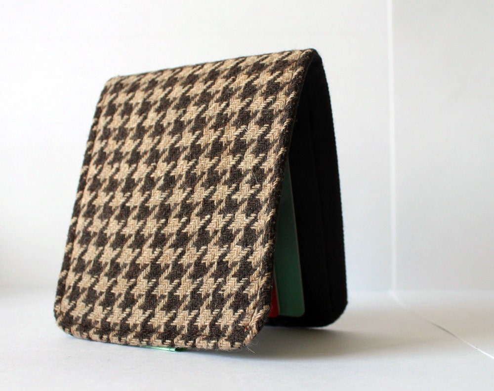 Mens Slimline Wallet Brown Houndstooth Wool 5 Pockets Customizable
