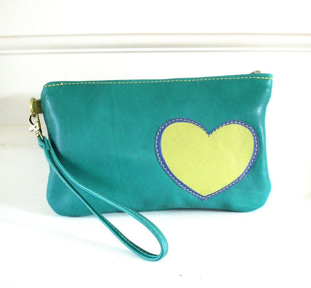 Heart Wristlet in Teal New Leather