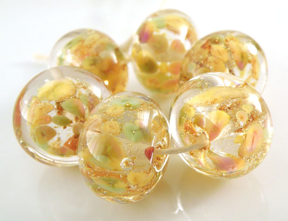 Golden Blossoms Encased Artisan Lampwork Beads 10mmx15mm - Handmade Lampwork - Gold, Pink, Encased - SRA (Set of 6 Beads)