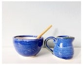 Cream and sugar set - blue ceramic creamer bowl with bamboo spoon