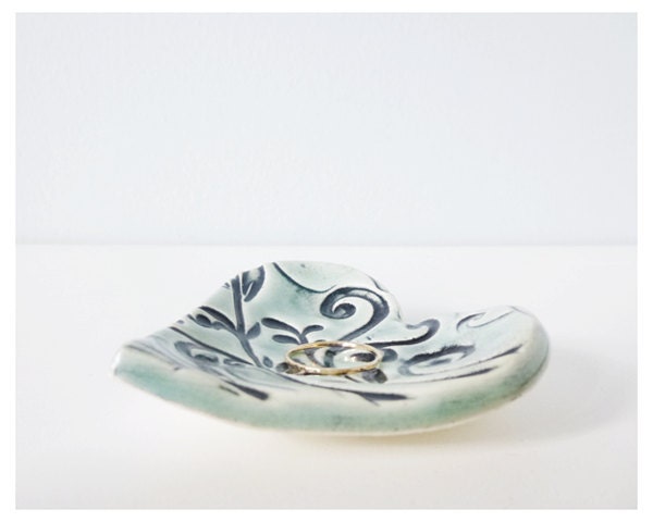 Ceramic trinket dish heart shape - mint black floral pretty pottery