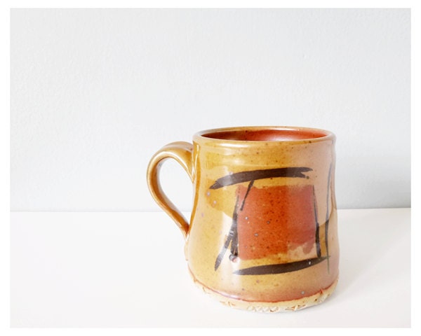 Modern ceramic mug orange black gold coffee cup handmade stoneware pottery