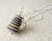 Beach Stone Cairn Necklace, stacked beach stones, silver ball chain, zen, ocean-inspired, summer fashion