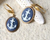 Anchor Earring - cameo jewelry, navy blue and ivory, nautical fashion, summer fashion, beach