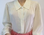 80s Pintuck Yoke Ivory Oversized Blouse, Chelsea Collar, Silky Shimmery Dots, Size 10 by SK and Company