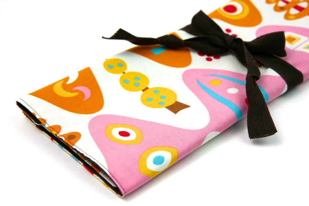 Knitting Needle Case Organizer Large - Mod Trees Peach -  30 brown pockets for all sizes or paint brushes, colored pencils