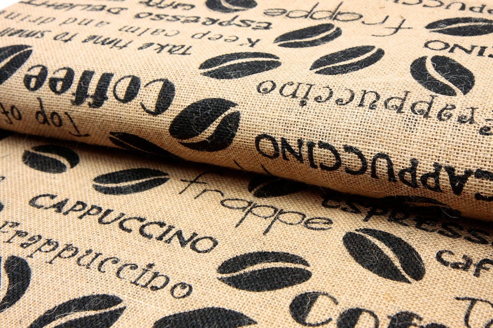Printed Jute Burlap - Coffee Beans and Words  - by the yard