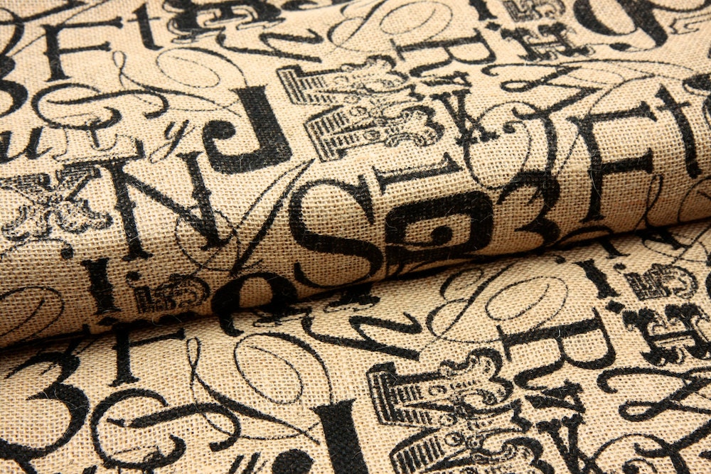 Printed Jute Burlap Fabric - Tossed Letters Numbers - by the yard