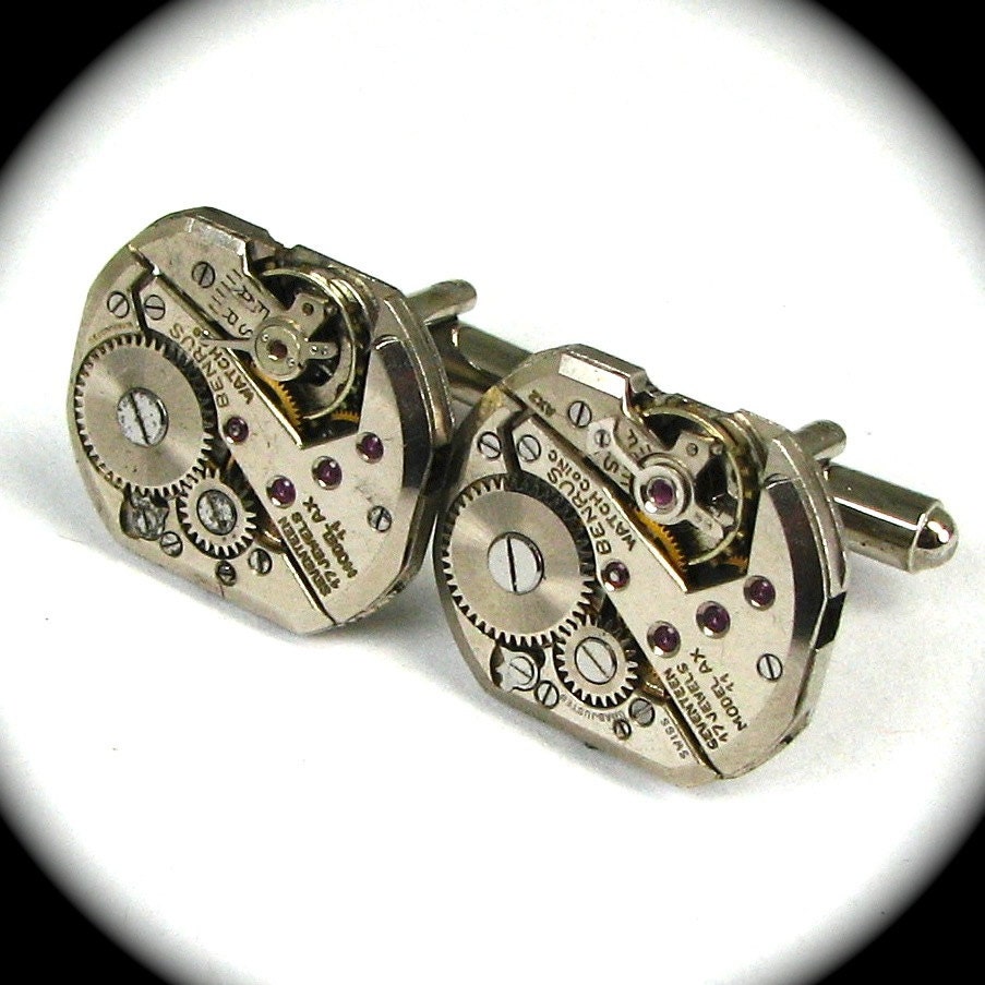 Steampunk Cufflinks UNIQUE BENRUS Vintage Watch Movement Clockwork Cuff Links by Nouveau Motley
