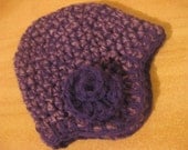 Deep Purple and Lavender Sweet'n'Snug Newborn Baby Girl Rose Earflap Hat in Double Yarn Soft 100% Acrylic Yarn
