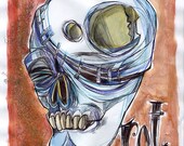 ROT, lowbrow Halloween monster mask art, original mixed media zombie drawing