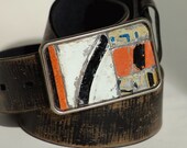 Black White Belt Buckle Orange Mosaic Vintage License Plate Metal