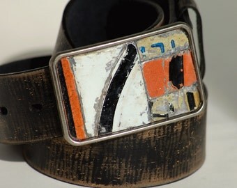 Black White Belt Buckle Orange Mosaic Vintage License Plate Metal
