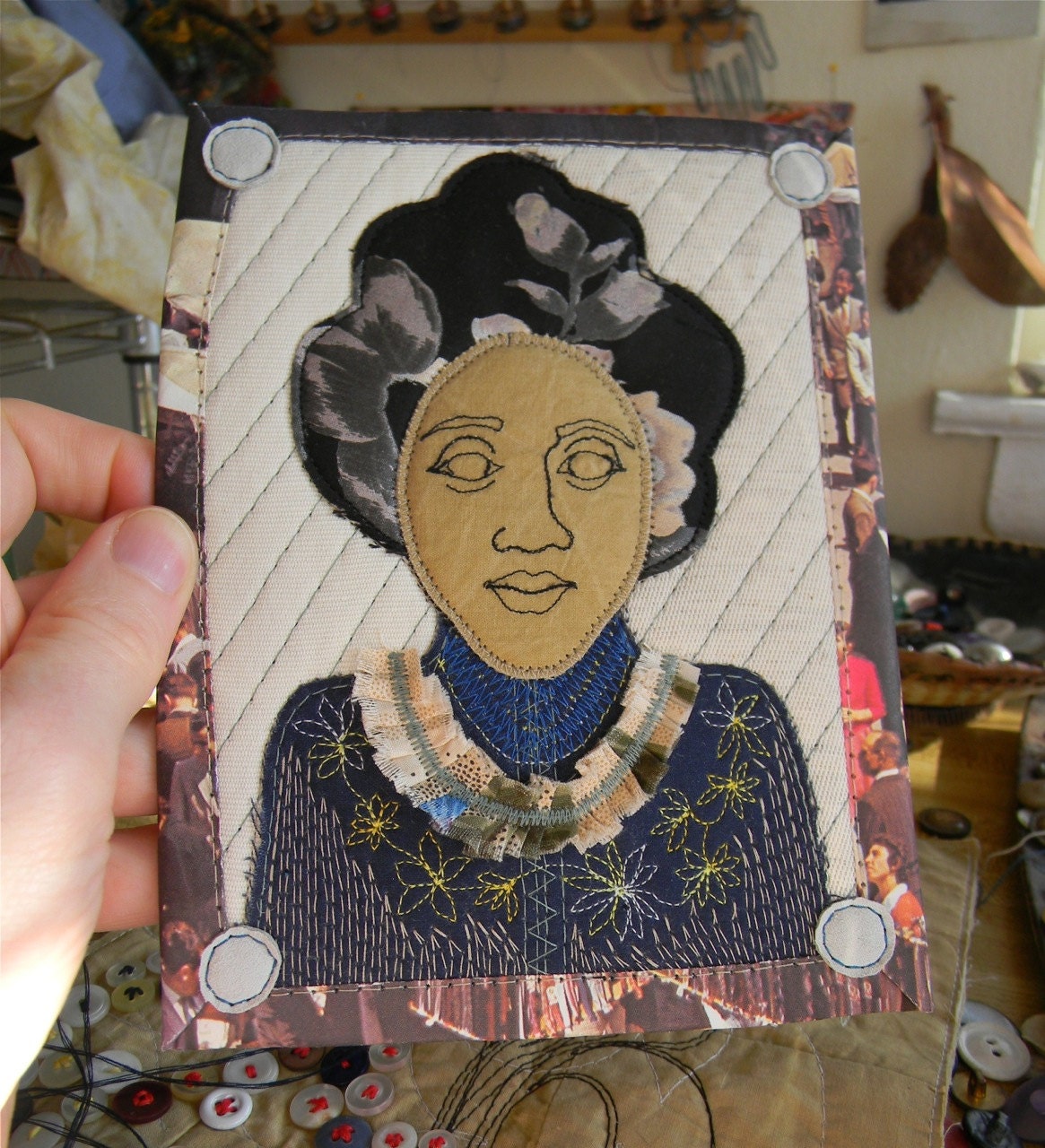 gentle art lady, original fabric and paper embroidered collage