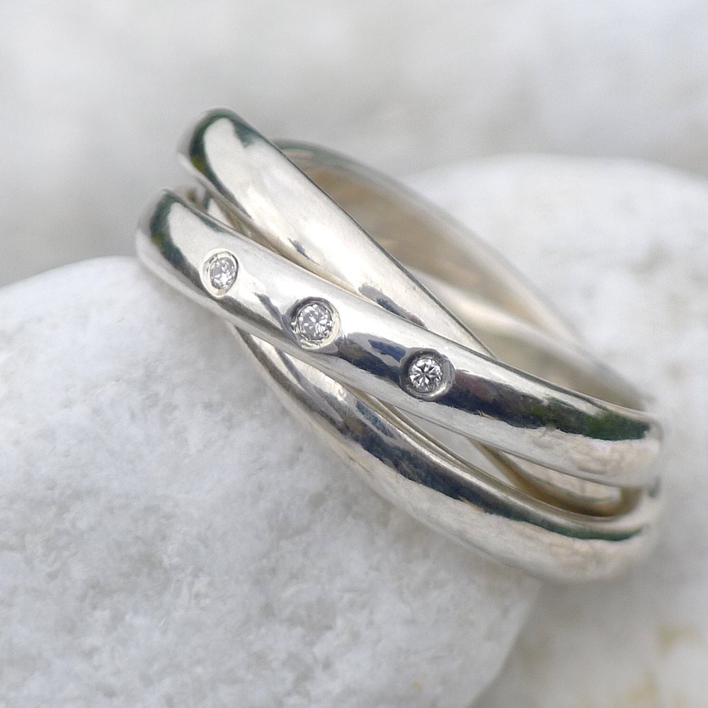 Russian Wedding Ring with Diamonds - Rolling Ring - Sterling Silver Band - Handmade
