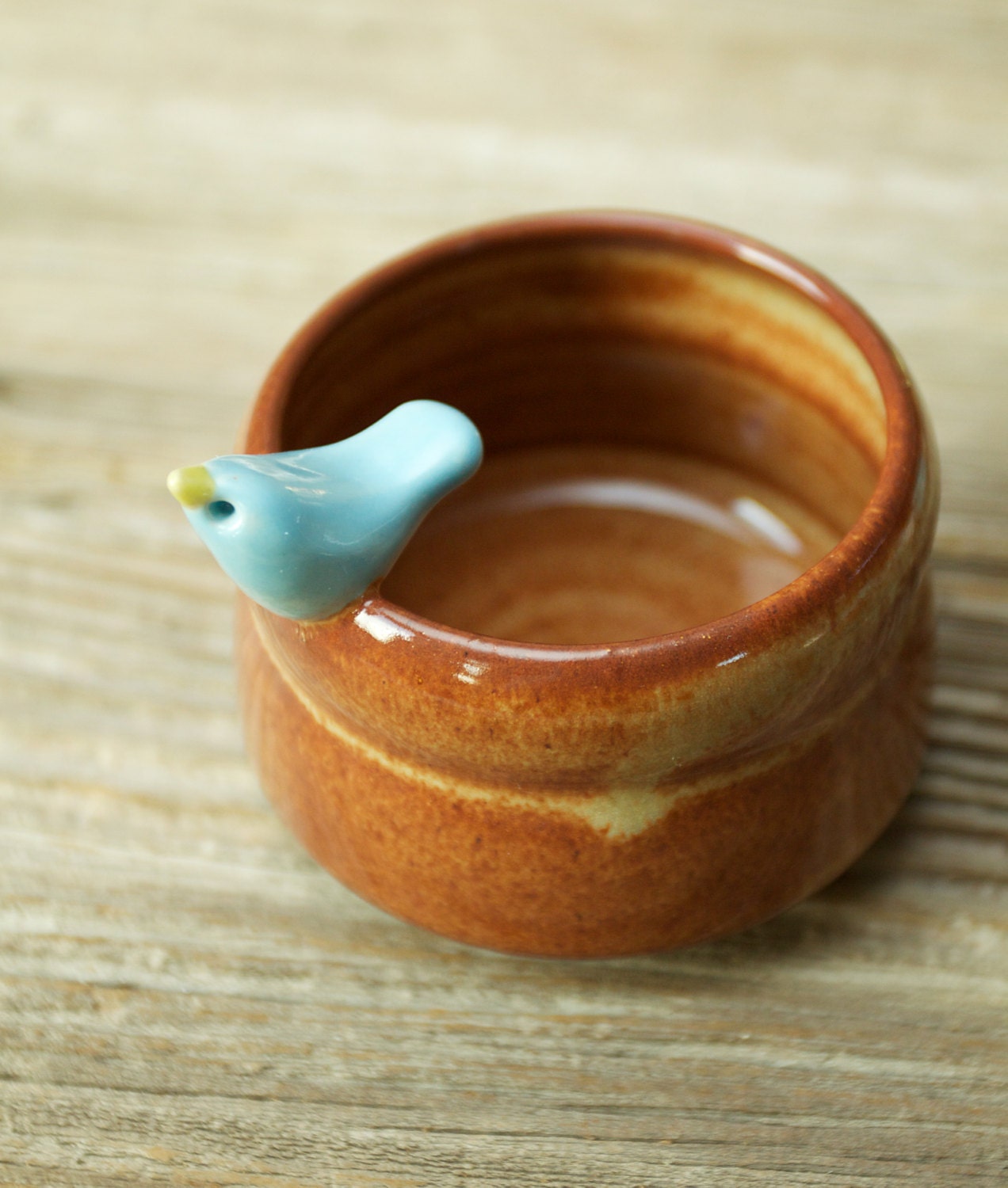 Sweet Little Light Blue Bird on a Tiny Shino Brown Bowl