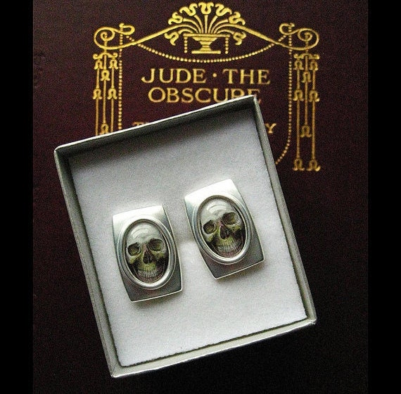Victorian Anatomy Skull Memento Mori Brushed Silver Cufflinks from Hoolala