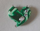 Marbled Greens and White RUSTIC HEART Pendant/Focal/Bead with Swarovski and Vintage Crystals
