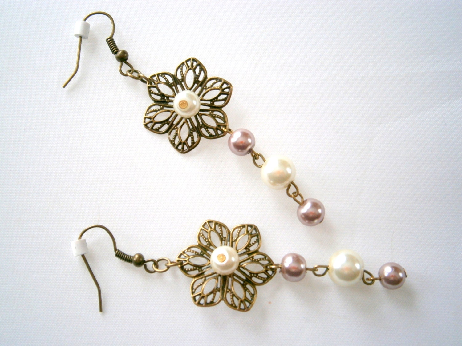 Beaded Brass Flower Earrings, Faux Pearls and Brass Earrings, Willow Glass