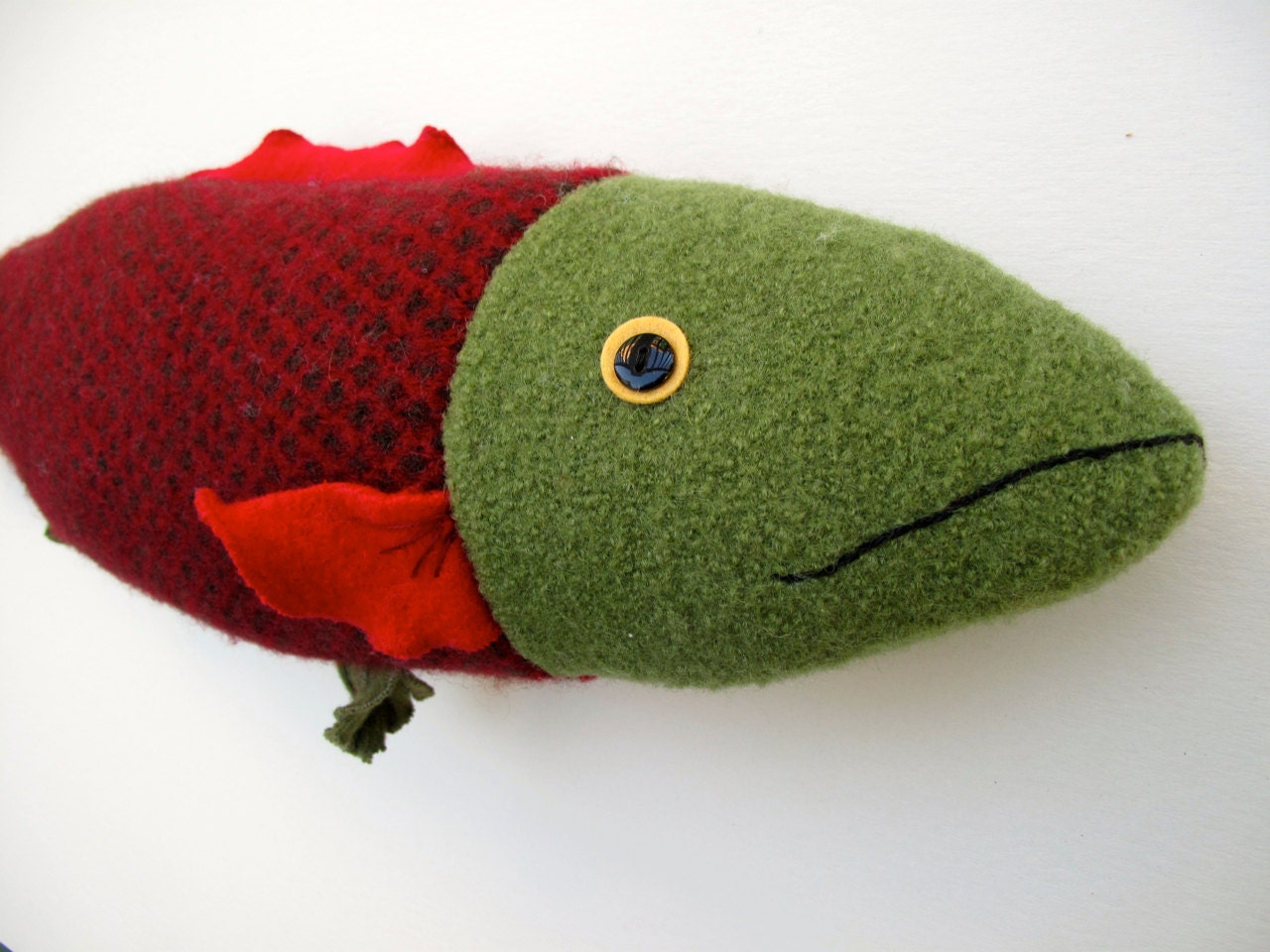 red and green fresh fish wool pillow reclaimed fabrics