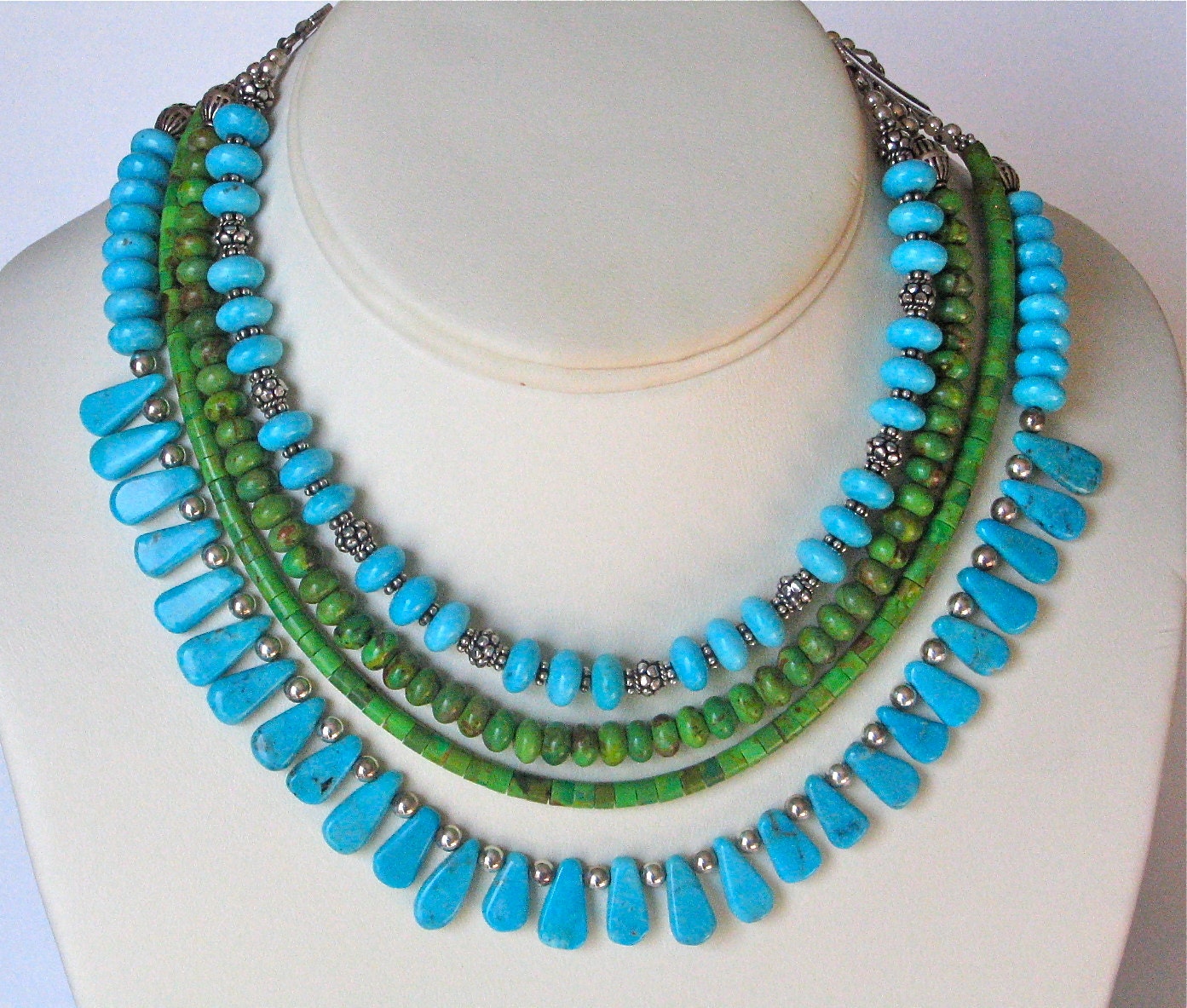 4 Strand Green and Blue Kingman and Nacozari Turquoise Necklace Choker