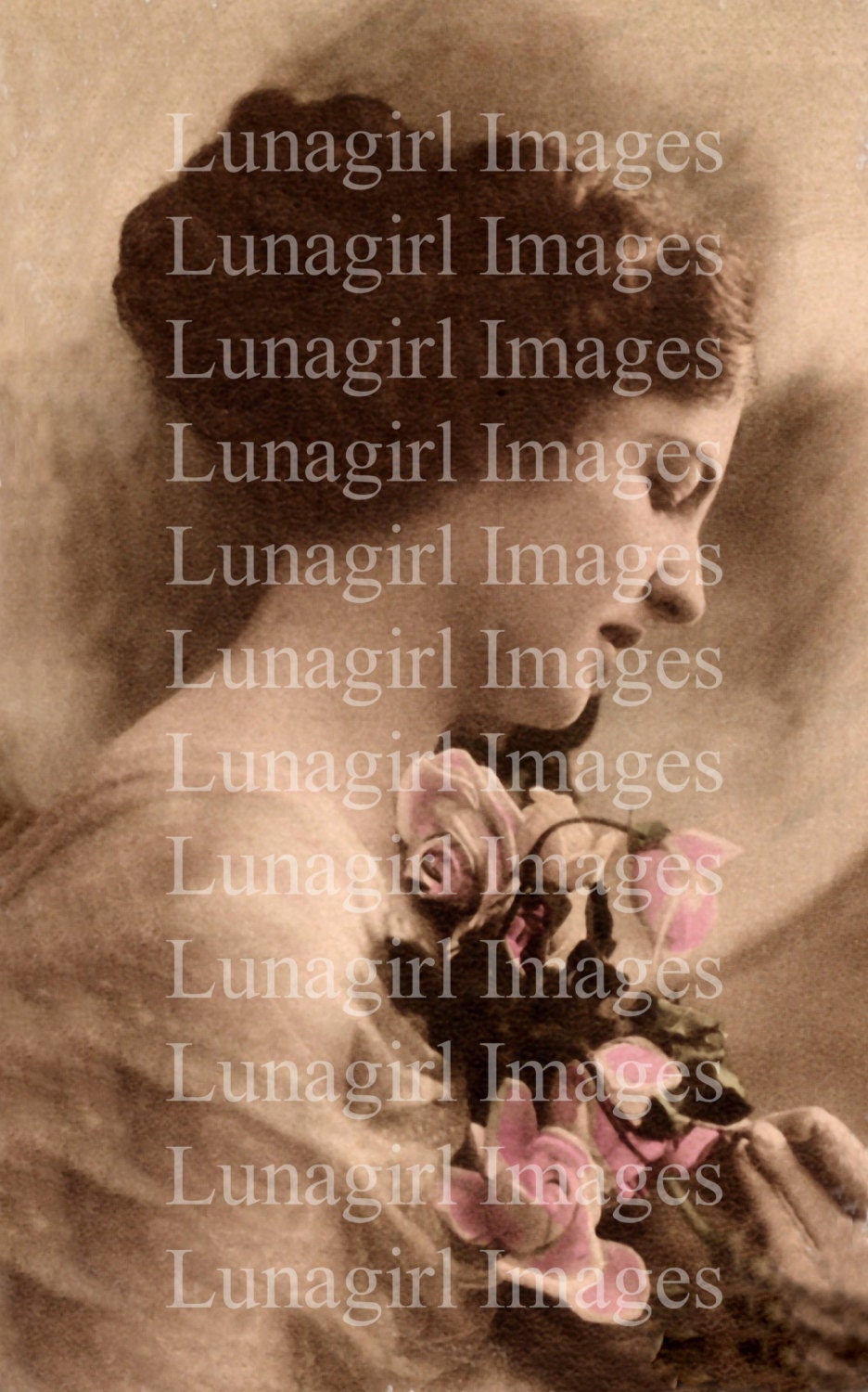DIGITAL DOWNLOAD vintage photo Victorian Edwardian lady serene woman roses antique postcard image altered art ephemera very high resolution